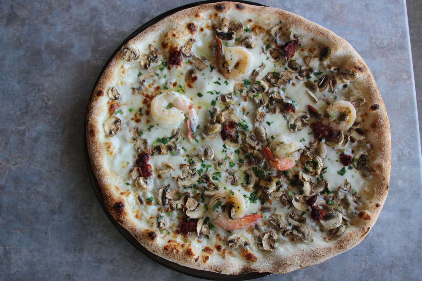 Prawn and mushroom wood-fired pizza